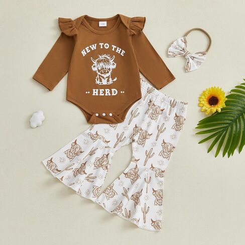 Gaono Fall Baby Girl Clothes Infant Western Bell Bottom Outfit Cowgirl Long Sleeve Cow Print Romper Flare Pants 3 Pcs Set in Kuwait