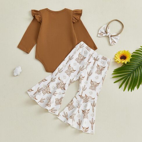 Gaono Fall Baby Girl Clothes Infant Western Bell Bottom Outfit Cowgirl Long Sleeve Cow Print Romper Flare Pants 3 Pcs Set in Kuwait