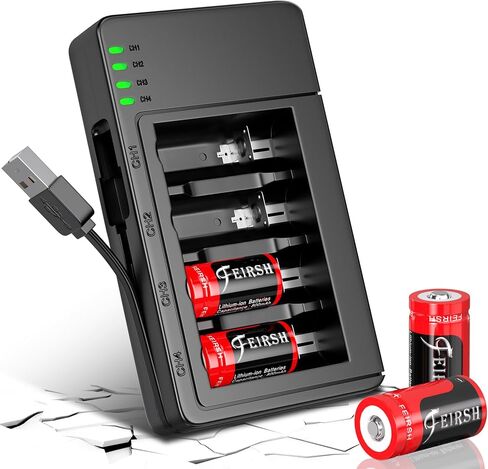 4 Pack 123A Rechargeable Batteries Set with Charger | LED Indicator Battery Charger Compatible with Arlo Cameras, Flashlights and Alarm Systems in Kuwait