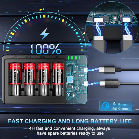 4 Pack 123A Rechargeable Batteries Set with Charger | LED Indicator Battery Charger Compatible with Arlo Cameras, Flashlights and Alarm Systems in Kuwait