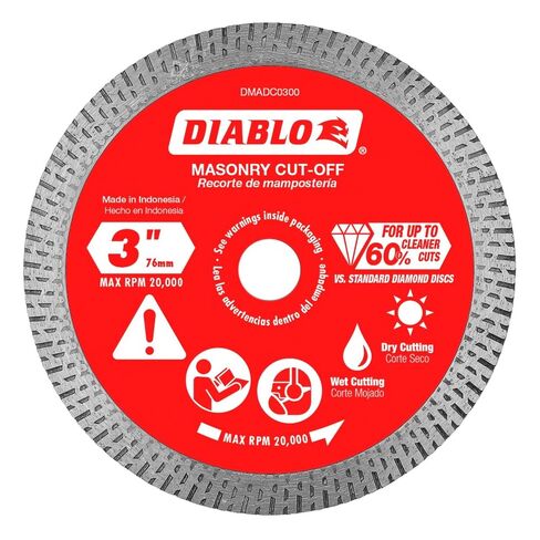 Diablo Diamond Continuous Rim Masonry Cuf-Off Disc - Ideal Use for Granite, Marble, Porcelain and Tile - 3 in Diameter, 3/8 in Arbor, 1/41 Hub Type - DMADC0300 in Kuwait