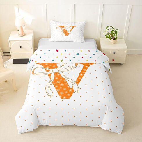 jejeloiu Bowknot Polka Dots Duvet Cover Toddler Size Personalized Initial Letter V Bedding Set for Boys Girls Cute Bow Comforter Cover Orange Geometric Circles Bedroom Decor 2Pcs in Kuwait