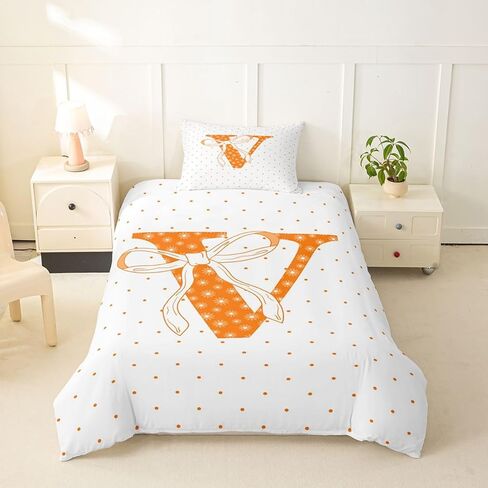 jejeloiu Bowknot Polka Dots Duvet Cover Toddler Size Personalized Initial Letter V Bedding Set for Boys Girls Cute Bow Comforter Cover Orange Geometric Circles Bedroom Decor 2Pcs in Kuwait