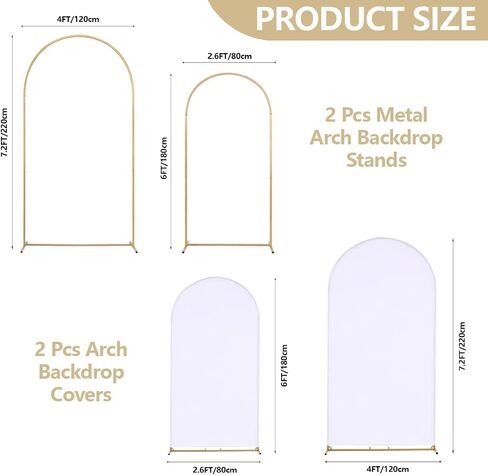 Metal Arch Backdrop Stand Set of 2 With White Cover (7.2FT+6FT) | Gold Wedding Balloon Arch With Stable Base,Elegant Decor for Party,Birthday,Baby Shower,Graduation,Christmas,Easy to Assemble in Kuwait