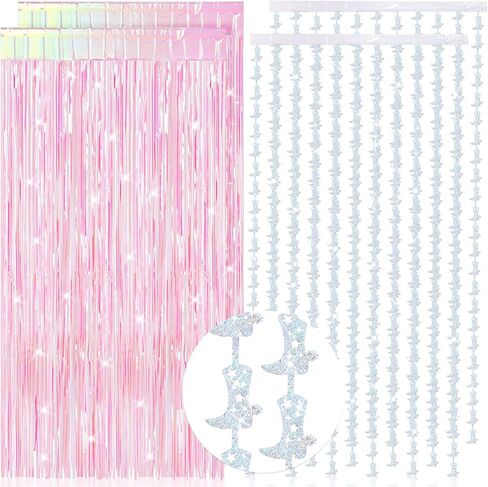 Mindsoft 4 Pcs Cowgirl Party Decorations 2 Cowgirl Boot Metallic Tinsel Foil Fringe Curtains 2 Backdrop Curtain for Photo Birthday Bachelorette Wedding Disco Party Booth Decorations (Candy Pink) in Kuwait