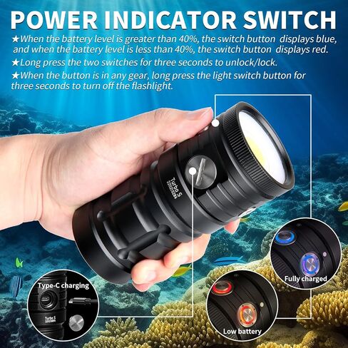 Dive Light,LetonPower TS S 10000Lumens 100m Underwater Video Light,Diving Flashlight,Waterproof Flashlight with Type-C Charging for Professional Under Water Sports in Kuwait
