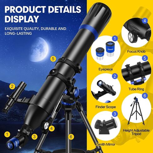 Telescope, 90mm Aperture 800mm-Telescope for Adults & Kids, Professional Refractor Telescopes for Adults High Powered, Beginner-Friendly, Phone Adapter & Stable Stainless Tripod, Portable Carry Bag in Kuwait