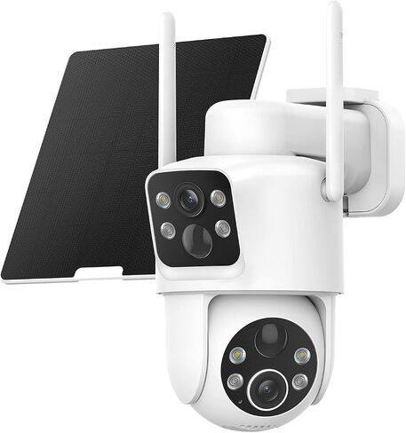 TKENPRO Dual Lens Solar Security Cameras Wireless Outdoor, 2K Full HD Video, 360° View Pan/Tilt Home Security Camera with Color Night Vision, Easy to Install, PIR Alarm, 2.4GHz WiFi, White, 2 Pack in Kuwait