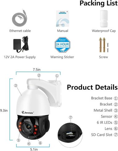 Jennov 4K 8MP POE PTZ Camera Outdoor, 20X Optical Zoom Security Camera with 360° Pan&90° Tilt, Human Detection, 320ft IR Night Vision, Auto Tracking, 24/7 Recording, Only Work with Onvif POE NVR in Kuwait