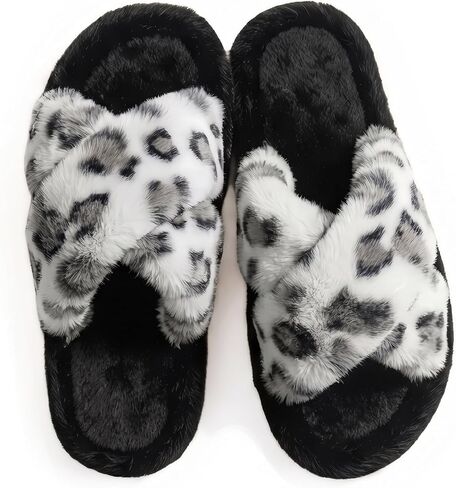 Women's Leopard Cross Band Fuzzy Slippers Open Toe Memory Foam House Shoes Indoor Outdoor Non Slip House Slides in Kuwait
