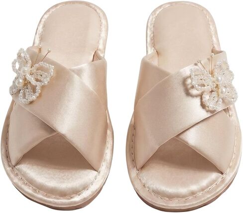 Satin House Slippers for Women Exquisite Faux Pearl Butterfly Cross Band Open Toe Soft Padded Indoor Slide Shoes for Wedding Spa Bedroom All Seasons in Kuwait