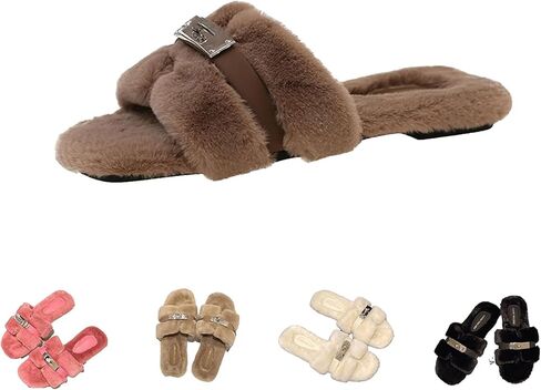 Women's Fuzzy Plush Slippers with Metal Buckle, Indoor Outdoor Slides | Fuzzy Plush Upper; Multicolor Strap; Metal Buckle Detail; Lightweight Design; Thick Textured Sole; Indoor and Outdoor Wear in Saudi Arabia