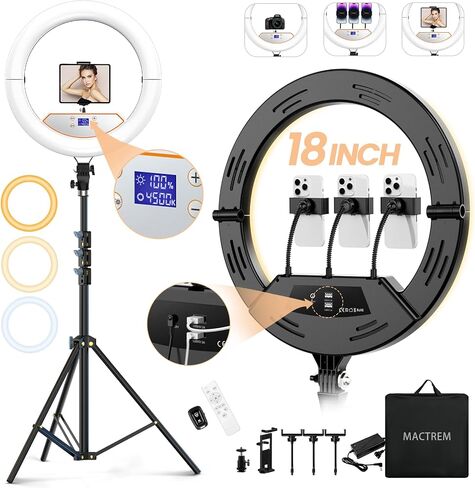 18" Foldable Ring Light with Stand for iPhone ipad, LED Display/2 USB Ports/4 Phone Tablet Holders, 2700-6500K Dimmable Ring Light for Tattoo Barber Makeup Studio Video Recording Photography in Kuwait