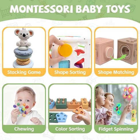 YHHYTOY 6-in-1 Montessori Baby Toys 0-6 6-12 Months, Infant Toys Baby Gifts | 4 5 6 Month Old Baby Toys, Soft Stacking Blocks Rings Shape Sorter Sensory Baby Suction Spinners, Baby Gifts for Girls Boys in Saudi Arabia
