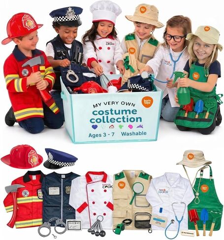 Born Toys 6-in-1 Toddler Dress Up Clothes for Boys & Girls Ages 3-7, Police, Firefighter, Doctor, Chef, Gardener & Explorer with Storage Box, Washable Pretend Play Costumes for Kids, Gift Ready Set in Kuwait