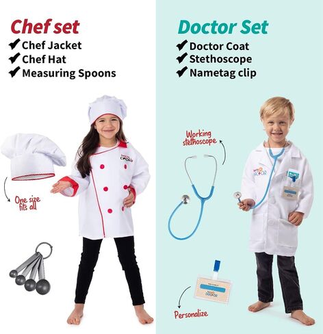 Born Toys 6-in-1 Toddler Dress Up Clothes for Boys & Girls Ages 3-7, Police, Firefighter, Doctor, Chef, Gardener & Explorer with Storage Box, Washable Pretend Play Costumes for Kids, Gift Ready Set in Kuwait