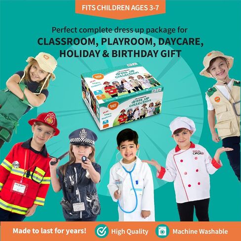 Born Toys 6-in-1 Toddler Dress Up Clothes for Boys & Girls Ages 3-7, Police, Firefighter, Doctor, Chef, Gardener & Explorer with Storage Box, Washable Pretend Play Costumes for Kids, Gift Ready Set in Kuwait