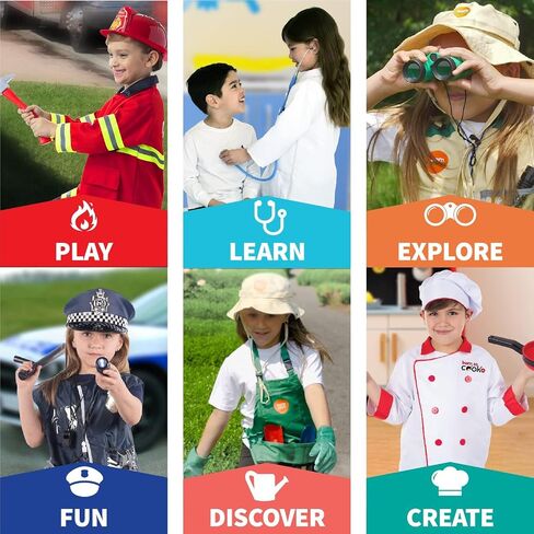 Born Toys 6-in-1 Toddler Dress Up Clothes for Boys & Girls Ages 3-7, Police, Firefighter, Doctor, Chef, Gardener & Explorer with Storage Box, Washable Pretend Play Costumes for Kids, Gift Ready Set in Kuwait
