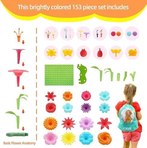 IQKidz 3-6 Years Old Toddler Toys - Flower Garden Building Toy with Insect Pegs, Educational Activity Gifts for Girls Preschool-Kindergarten, 153Pcs STEM Stacking Pretend Play Set in Kuwait