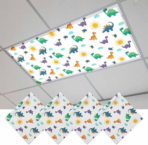 Fluorescent Light Covers, Cartoon Dinosaur Magnetic Light Covers for Ceiling Lights, Watercolor Funny Cute Dino Sun Grey Plaid Fluorescent Ceiling Shade for Classroom Bedroom Office 4x2Ft x 2PCS in Kuwait