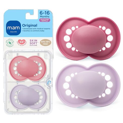 MAM Original Baby Pacifier 6-16 Mths, Skin Soft Silicone Nipple, 2 Pack | BPA-Free Skin Soft Silicone Nipple, Developed With Medical Experts, With Sterilizer Case, Easy To Clean, Made In Europe in Kuwait