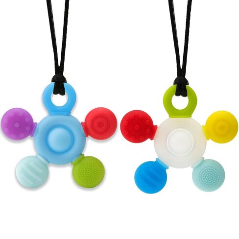 Sensory Chew Necklaces for Kids, Helps Relieve Anxiety & Calm Down | Autism Chew Toys, Food-Grade Silicone, BPA-Free, Multi-Textures, Chewelry for ADHD, SPD, Dishwasher Safe, 2 Pack, Blue+White in Kuwait