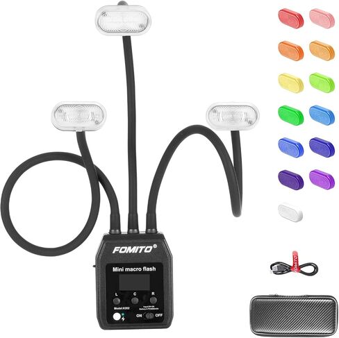 Fomito Mini Macro Flash, Single Contact Hotshoe, Three-Head with 13pcs Diffuser and Type-C Cable, 8 Levels of Adjustable Brightness, 9-Stop LED Light Effect, Built-in 3.7V/2000mAh Battery - 17.52inch in Saudi Arabia
