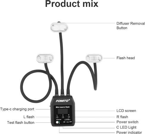 Fomito Mini Macro Flash, Single Contact Hotshoe, Three-Head with 13pcs Diffuser and Type-C Cable, 8 Levels of Adjustable Brightness, 9-Stop LED Light Effect, Built-in 3.7V/2000mAh Battery - 17.52inch in Saudi Arabia