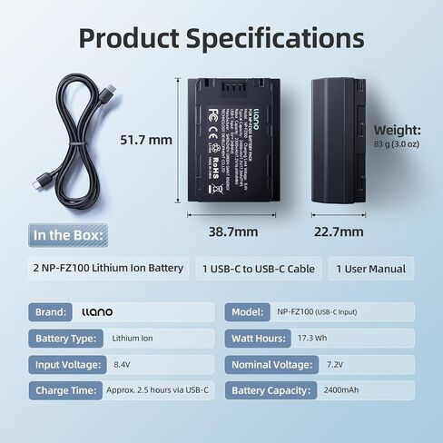llano 2400mAh NP-FZ100 Battery with USB-C Fast Charging for Sony A7III A7IV A6700 FX3 FX30 A9 A7C A7CII A7RV A7RIII ZV-E1 ZV-E10II - Fully decoded,Real Capacity,Replacement Z Batteries (1 Pack) | for Sony A7III A7IV A6700 FX3 FX30 A9 A7C A7CII A7RV A7RIII in Saudi Arabia