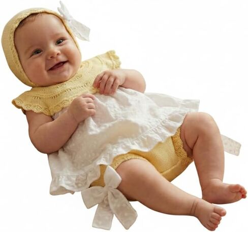 Baby Girl 3-Piece Summer Cotton Dress Set with Knit Yoke Bloomers and Bow Hat - Made in Spain in Kuwait