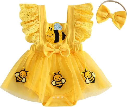 Baby Girl Summer Clothes Bee Ladybug Strawberry Romper Dress Bow Headband | Newborn Infant Bee Embroidery Flying Sleeve Playsuit, Square Neck, Bow Decor on the Waist, Snap Closure in Kuwait
