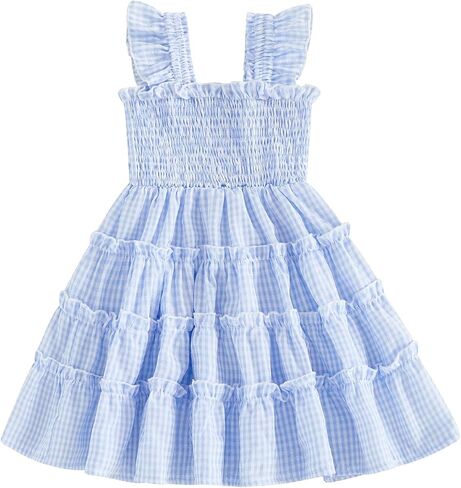 Toddler Baby Girl Plaid Ruffle Sleeveless Smocked Dress Kids Little Girls Summer Outfits Beach Sundress in Kuwait