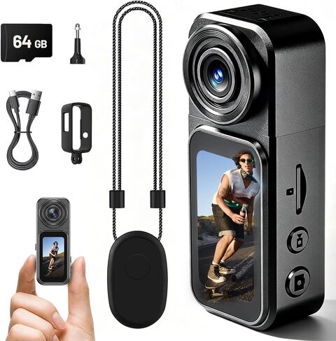 4K Mini Body Camera with Audio and Video Recording, 64GB Wearable POV Action Cam with 1.47" Screen, 180° Rotating Lens, Magnetic & Clip Mount, Thumb-Size Sports Camera for Outdoor, Travel, Pets in Kuwait