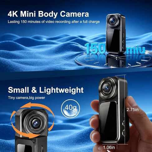 4K Mini Body Camera with Audio and Video Recording, 64GB Wearable POV Action Cam with 1.47" Screen, 180° Rotating Lens, Magnetic & Clip Mount, Thumb-Size Sports Camera for Outdoor, Travel, Pets in Kuwait