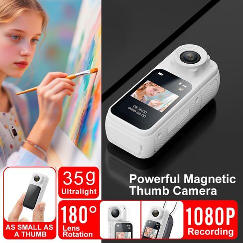White Mini Body Camera, Wearable POV Cam for Vlog Travel Sports | 180° Rotating Lens, 1080P HD Audio and Video Recording,1.47" color screen, Magnetic Mount, Thumb-Size for Outdoor, Pets in Kuwait