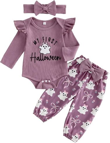 Newborn Baby Girl Halloween Outfit Letter Pumpkin Embroidery Long Sleeve Romper Pants Set Cute Infant Fall Clothes in Kuwait