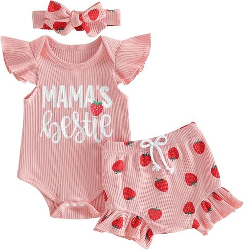 Baby Girl 3Pcs Outfit Set I Know I'm Adorable Pink Gingham Bodysuit Ruffle Shorts & Headband, Cute Summer Clothes in Kuwait