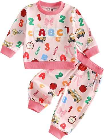 Toddler Baby Back To School Outfit Pullover Pant 2Pcs Fall Clothes | Infant Girl Boy Long Sleeve Crewneck Letter Embroidery Apple Print Sweatshirt Elastic Pants Set First Day Of School Outfits in Kuwait