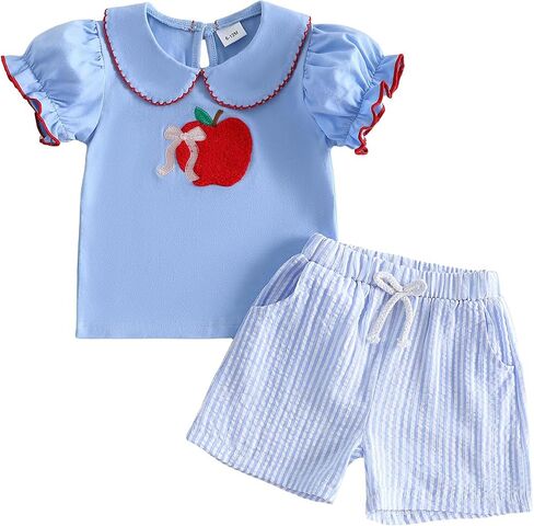Toddler Girl Back To School Outfit Top Stripe Shorts 2Pcs Clothes | Little Girls Apple Bow Embroidery Dollcollar Short Sleeve T-shirt Elastic Waist Stripe Shorts Set Summer Outfits in Kuwait