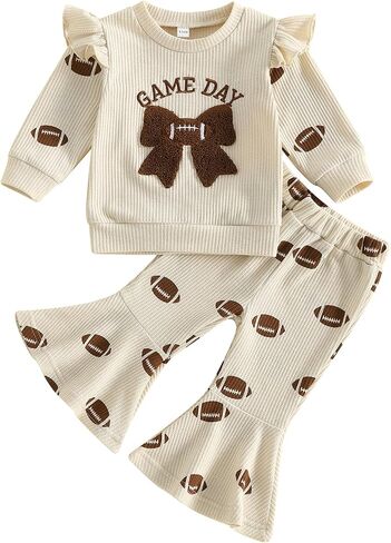 Baby Girl Football Outfit Bell Bottom Pant Toddler Fall Clothes | Little Girls Bow Ruffle Long Sleeve Round Neck Sweatshirt Pant Set Pullover Top Infant Waffle Knitted Autumn Winter Outfits in Kuwait