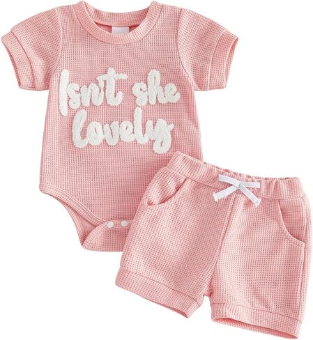 Madjtlqy She is Here Newborn Baby Girl Clothes Preemie 0 3 6 Months Short Sleeve Romper and Shorts Set in Kuwait