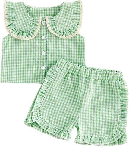 Toddler Girl Clothes Baby Summer Outfits Sleeveless Doll Collar Plaid Tops Ruffle Shorts Sets Little Girls Clothing in Kuwait