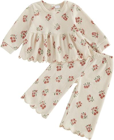 FYBITBO Fall Winter Toddler Girl Clothes Waffle Floral Outfits Long Sleeve Scalloped Shirt Pants Little Girls Clothing Sets in Kuwait
