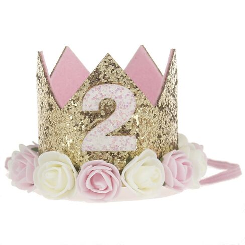 2nd Baby Birthday Crown Flower Tiara Headband 2 Year Old Birthday Party Hat Hairbands Princess Photo Props Birthday Decorations Baby Photography Gifts in Kuwait