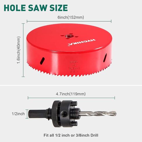 HYCHIKA 6 Inch/152mm Hole Saw,Bi-Metal Cutter Hole Max Cutting Depth 1-1/2inch(40mm) with 1 Arbor,2 Drill Bit for Wood Cutting Cornhole Plastic Drywall Boards Fiberboard in Saudi Arabia