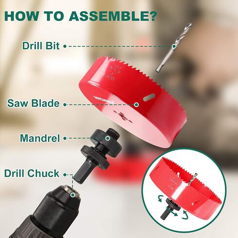 HYCHIKA 6 Inch/152mm Hole Saw,Bi-Metal Cutter Hole Max Cutting Depth 1-1/2inch(40mm) with 1 Arbor,2 Drill Bit for Wood Cutting Cornhole Plastic Drywall Boards Fiberboard in Saudi Arabia