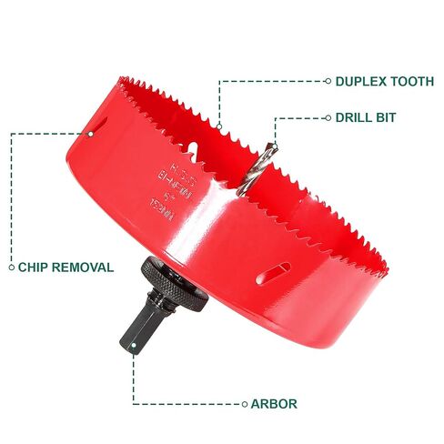 HYCHIKA 6 Inch/152mm Hole Saw,Bi-Metal Cutter Hole Max Cutting Depth 1-1/2inch(40mm) with 1 Arbor,2 Drill Bit for Wood Cutting Cornhole Plastic Drywall Boards Fiberboard in Saudi Arabia