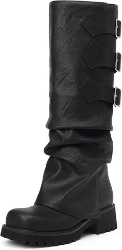 AIUNIIND Knee High Boots for Women, Fold Over Square Toe Slouchy Boots | 2 Inch Platform Sole Boots, Slouchy Fold Over Shaft, Buckle Strap, Biker Style, Comfy for Daily Wear in Saudi Arabia