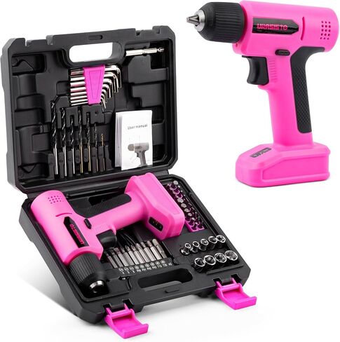 URASISTO 8V Pink Cordless Drill for Women | Power Drill Tool Set, Built-in LED, 58pcs Accessories with Household Tool Set, Gift Box in Kuwait