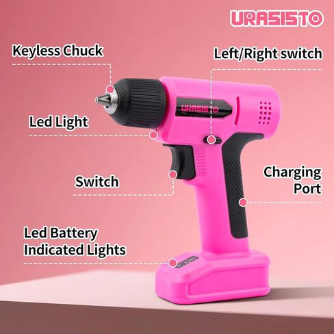 URASISTO 8V Pink Cordless Drill for Women | Power Drill Tool Set, Built-in LED, 58pcs Accessories with Household Tool Set, Gift Box in Kuwait